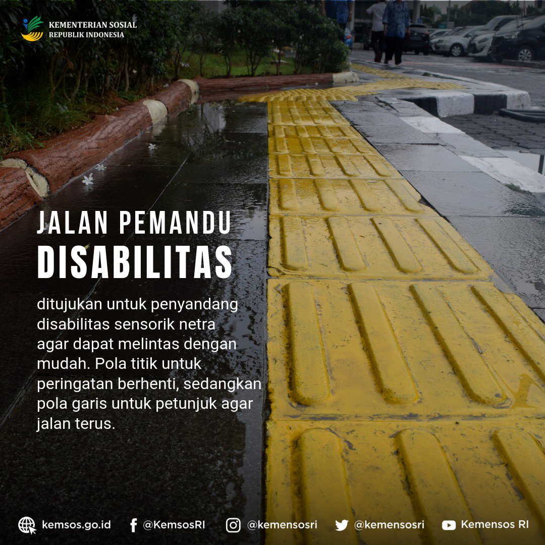 #SobatSosial, berikut adalah jalan pemandu disabilitas yang didesain dengan warna kuning agar mencolok &amp; memiliki permukaan menonjol agar bisa dirasakan bentuknya. 

Pernah menjumpai balok kuning seperti ini di sekitarmu?
#selasaedukasi #bikinindonesiamaju