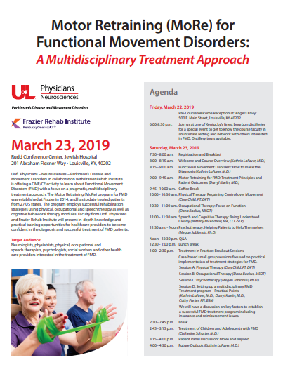 Less than a month to our interdisciplinary CME course on Motor Retraining (MoRe) for functional movement disorders: Don't miss your chance for this unique opportunity to help patients overcome this disabling condition! Register at bit.ly/MORECourse @UofLPhysicians #FNDAware