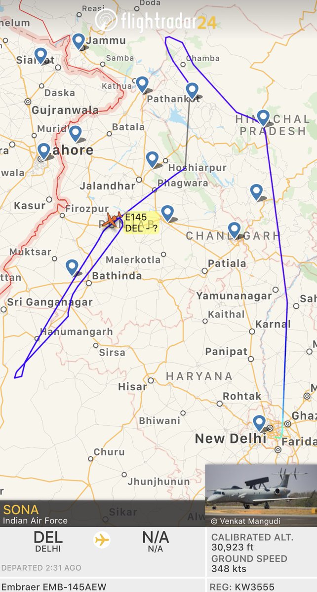 OmarAbdullah's tweet photo. As reports of air strikes across the LoC by IAF planes gather steam looks like our defences are in the air including this airborne early warning aircraft. Appears to be patrolling the international border. https://t.co/AFc6mdGV4h