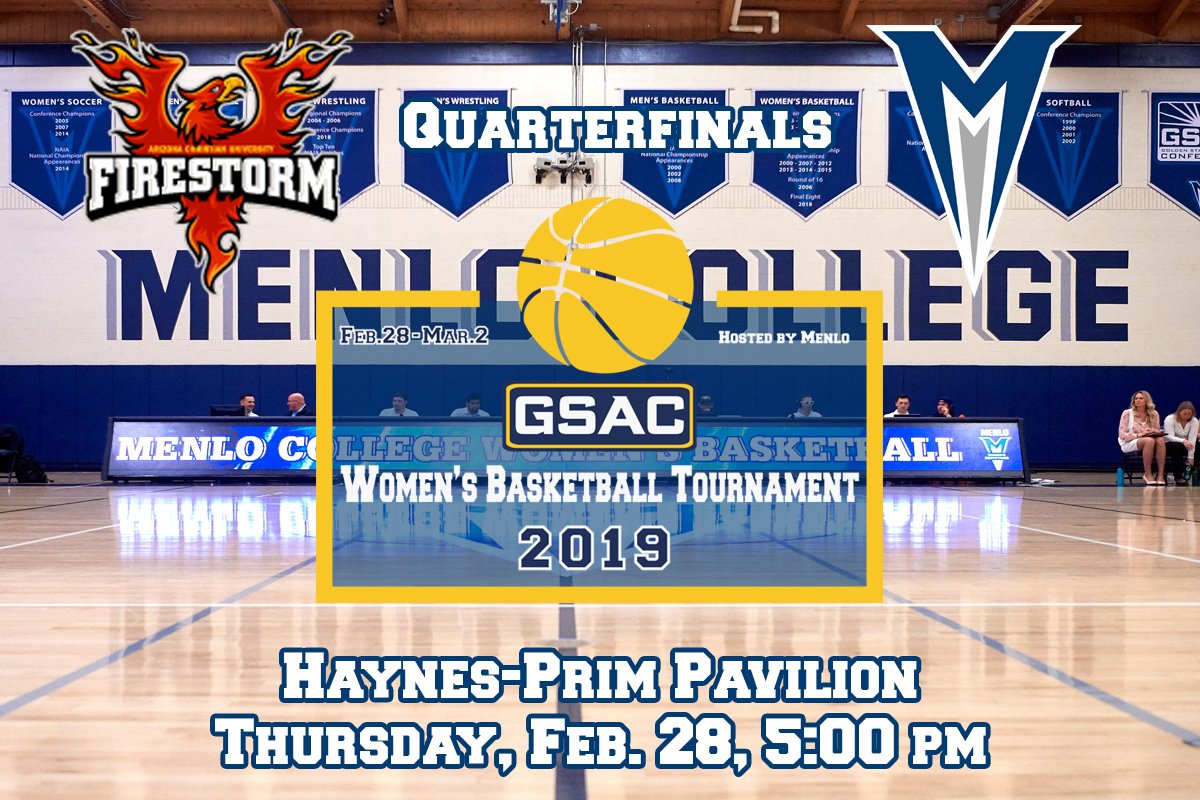 MenloAthletics's tweet photo. The field is set! @MenloWBB hosts @ACUFirestorm in the quarterfinals of the 2019 GSAC Women's Basketball Tournament, and we need YOU there! Tip-off is on Thursday, Feb. 28 at 5:00 pm. Support your Oaks and #PackthePrim as Menlo begins postseason play! https://t.co/ozPD739bUS