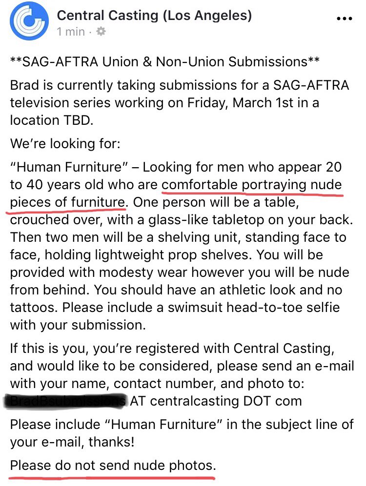 HorribleCalls's tweet photo. Brad gets all the best ones. #HorribleCastingCalls #CentralCasting #PleaseNoNudes https://t.co/En12j6dXch