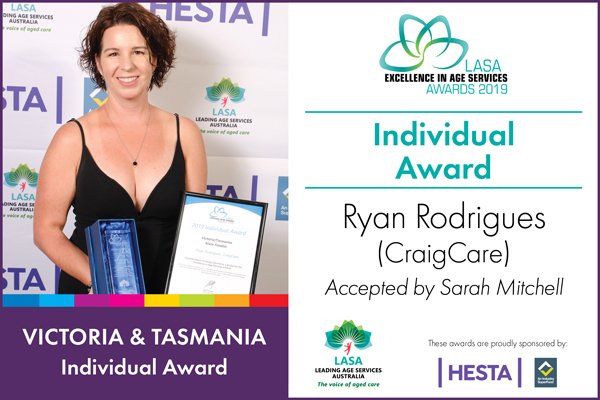 LASANational's tweet photo. Congratulations to Ryan Rodrigues from @CraigcareAUS, winner of the Individual Award for Vic/Tas in the LASA Excellence in Age Services Awards announced at the Tri-State Conference in Albury last night. https://t.co/seAAq0zYia #strongvoicehelpinghand https://t.co/BHKgCyUlmf