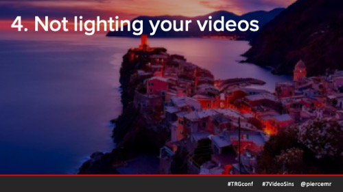 piercemr's tweet photo. Lighting your video can make a difference in how it's perceived. Not enough light & your image will look graining. Too much light & your video will be washed out. Not only does light enhance the look, it can also change the feel. #7DeadlySinsofVideo #TRGConf https://t.co/FJtQvu0ntV