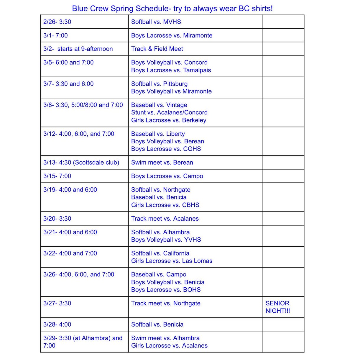 Go out &amp; support your CVCHS teams!! April schedule will be out at the end of March.
