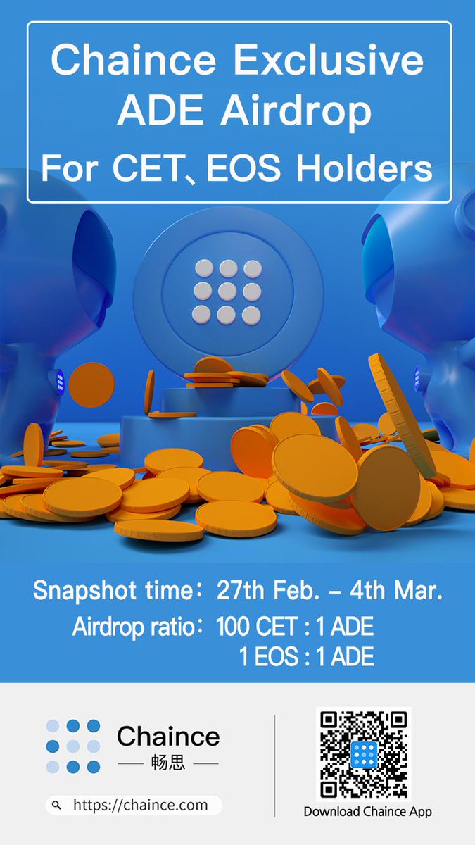 Hoo_exchange's tweet photo. Extra #ADE Airdrop for #CET&amp;EOS Holders! @CadeosI @Chaince_KR 
#Chaince will take snapshots of the user account holding CET/EOS on Chaince platform. 

More details: https://t.co/TNoWT3UO3C
#eos #Dapps #Blockchain #Crypto https://t.co/XCeiljKo7R