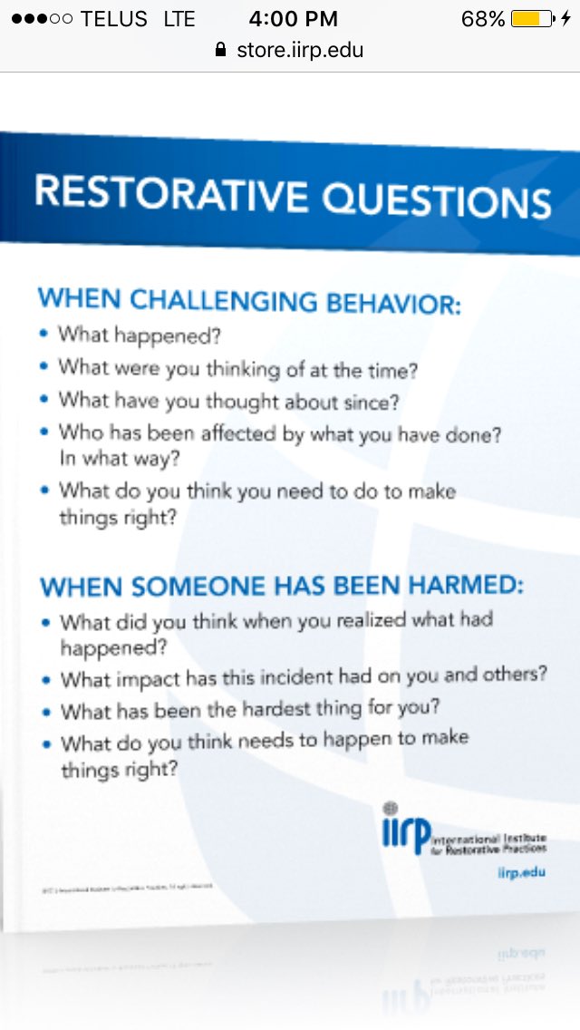 waterywonder's tweet photo. Posters and pocket cards with restorative language prompts from ⁦@iirpgradschool⁩ #sd68learns https://t.co/9o1WxR23vs