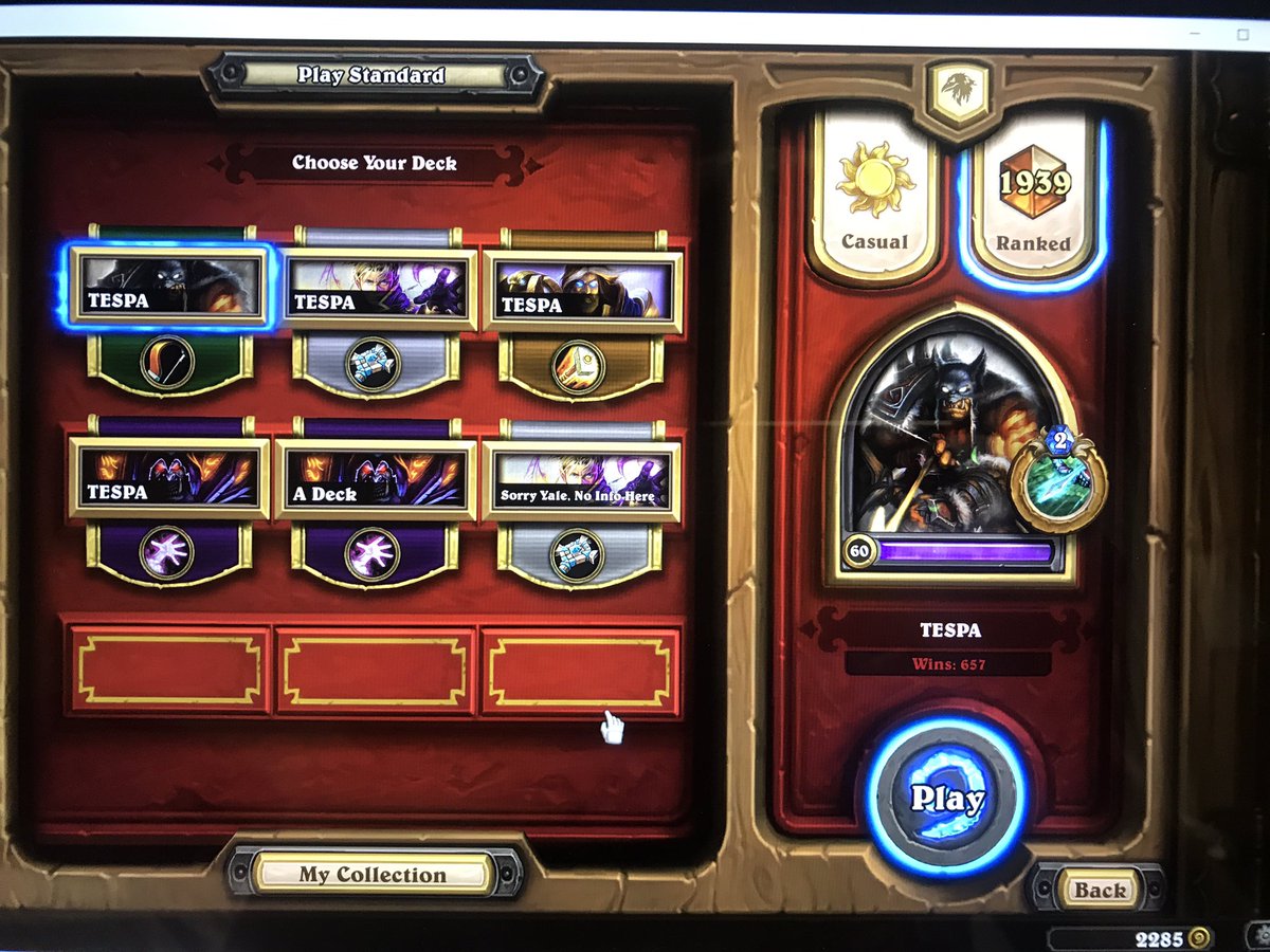 <a href="/SpartanG_org/">Spartan Gaming</a> Rank 4 5 stars -> Legend in 4 hours. Will reveal the deck I used after my TESPA match on Tuesday. Was it Deathrattle Hunter? Was it Midrange? Spell? Yale will find out tomorrow...