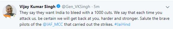TimesNow's tweet photo. Salute the brave pilots of the @IAF_MCC that carried out the strikes. #JaiHind: @Gen_VKSingh, Minister of State for External Affairs | #IndiaStrikes https://t.co/9wNXiA8iLt