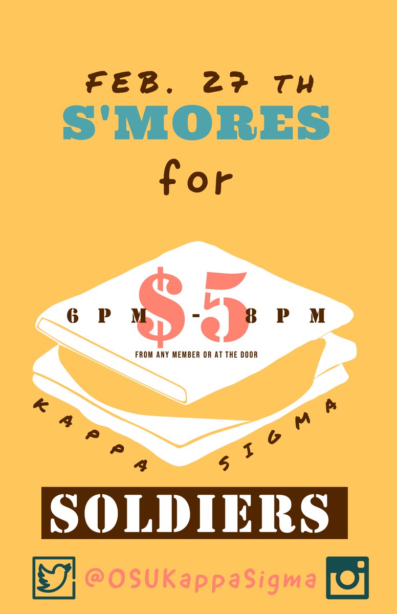 Please join us this Wednesday at our philanthropy, S'mores for Soldiers! Tickets are only $5.00 and may be purchased from any member or at the door. All proceeds benefit our national philanthropy organization, The Military Heroes Campaign.