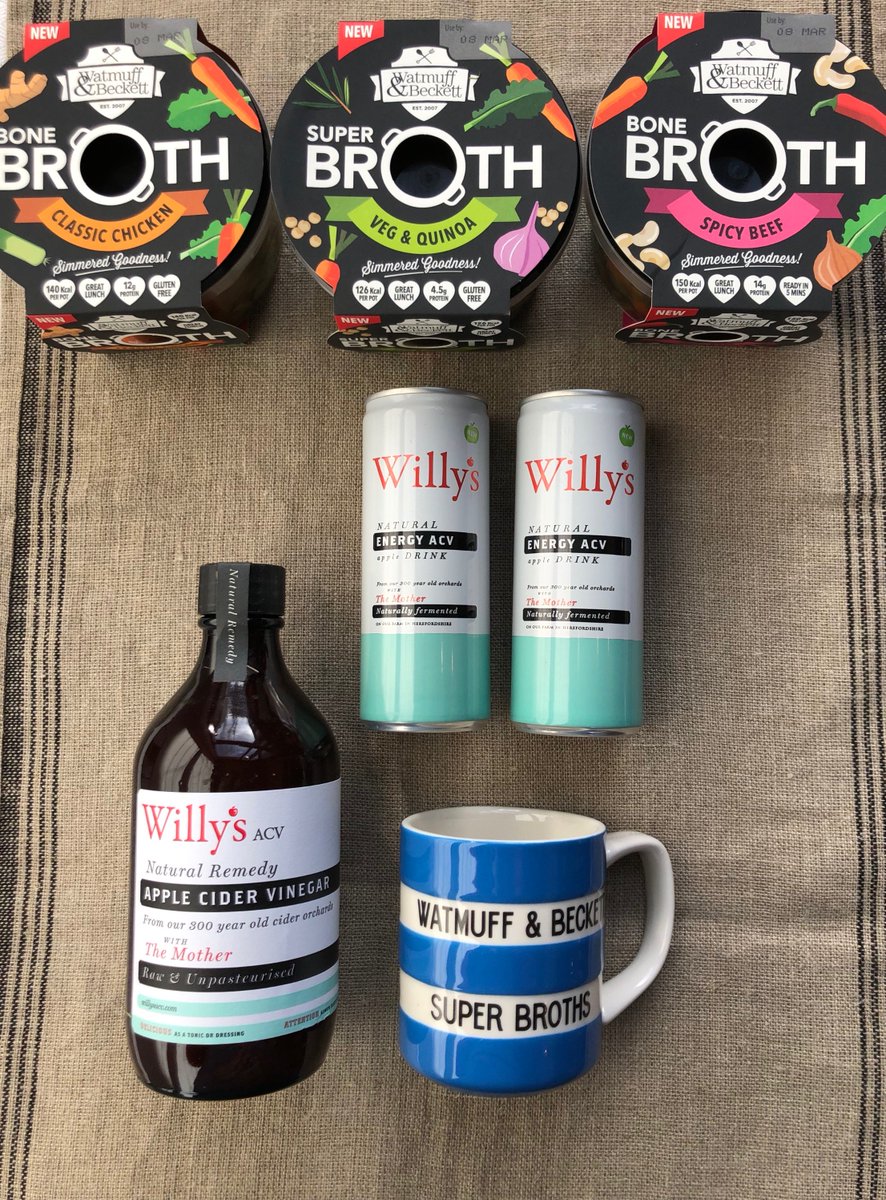 watmuffbeckett's tweet photo. #COMPETITIONTIME⭐️ 1 #lucky #winner 6 x @willysacv #Natural Energy ACV drinks &amp; bottle of Mother ACV, 6 x @watmuffbeckett NEW #BoneBroths &amp; #VeggieBroths &amp; a beautiful W&amp;B personalised classic @cornishware mug! Head over to our Instagram to enter 
#guthealth #applecidervinager https://t.co/LquzeSrfdr