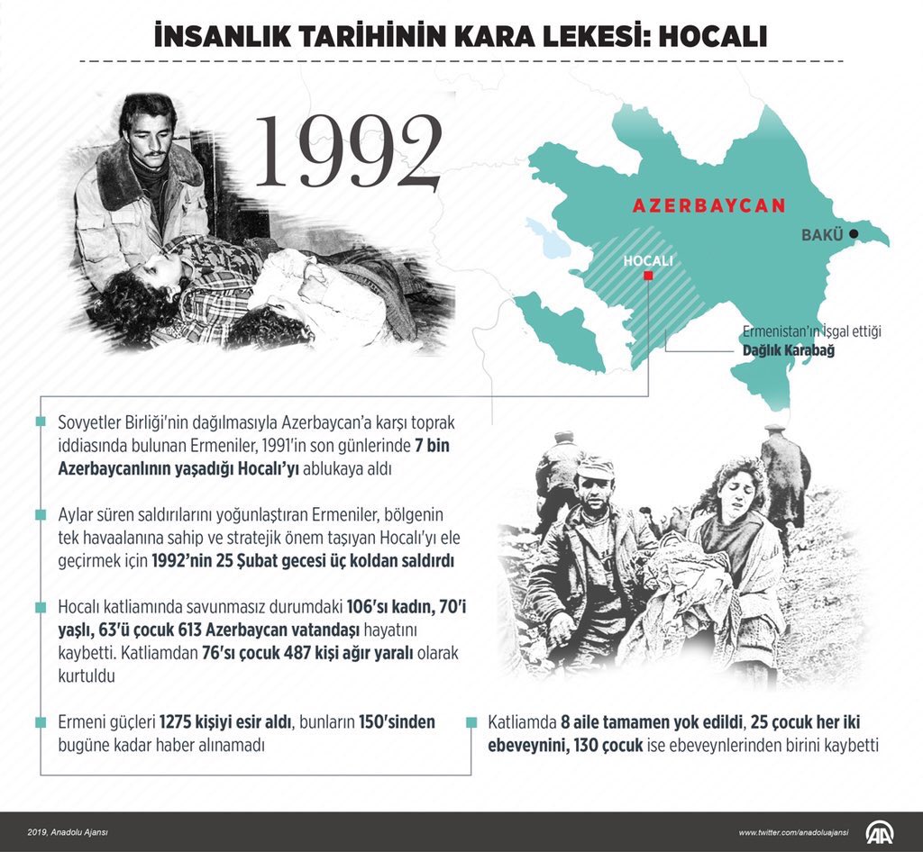 27 yıl önce dünyanın gözü önünde gerçekleşen #HocalıKatliamı’nda hayatını kaybeden Azerbaycanlı kardeşlerimizi rahmet ve dua ile yâd ediyorum. 🇹🇷🇦🇿 

#Unutmadık