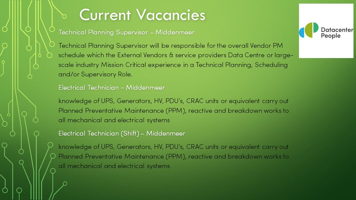 DCGlobalSearch's tweet photo. Contact @DataCenterFlack on martin.flack@datacenterpeople.org for more information
#DCGlobalSearch #DCPJobs #DCPJobsBoard #DataCenterFlack #CurrentVacancies #ExecutiveSearchFirm #TalentAcquisition #TechnicalPlanning #Middenmeer #Netherlands #Amsterdam #ElectricalTechnician https://t.co/2cAmtJTJD5