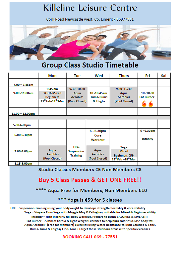 WestLimerickSC's tweet photo. Group Exercise Classes #groupexercise #getitdonetogether #beginnerswelcome @Eventsncw @newcastlewest https://t.co/Uz6d7L4sVe