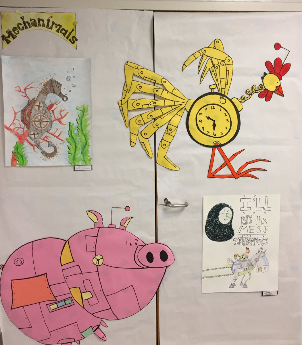 awlswa's tweet image. Collaborating with an @awlshs drawing class to display their work at Waterville as our kindergarten students have fun with the book Mechanimals for Right to Read Week! #STEAM #DesignandCreate