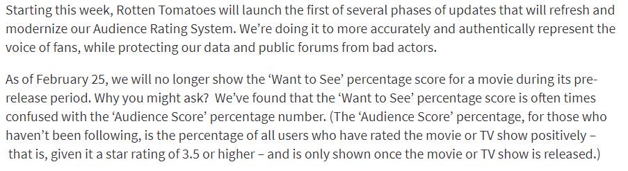 rebelscumradio's tweet photo. The conspiracy theorist in me senses Disney's Marketing/Social didn't like the "Want to See" metric on @RottenTomatoes for @captainmarvel  @DDayCobra For years Hollywood have used RT to sway audiences, now the audience control of the message and they shut it down #RIPRT https://t.co/dSmh8uM1nj
