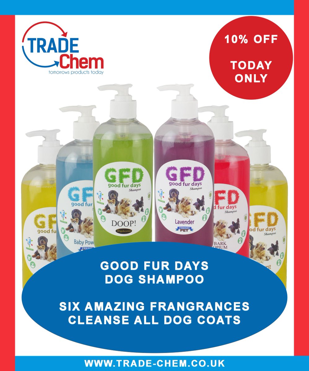 A clean dog is a happy dog! Good Fur Days Dog Shampoo, six amazing fragrances, 10% off today only!

bit.ly/2ICOs5c

#FreshPetUK #TradeChemUK #MonsterSprayUK #GFD #DogShampoo #CleanDogHappyDog #GoodFurDays #Bargain