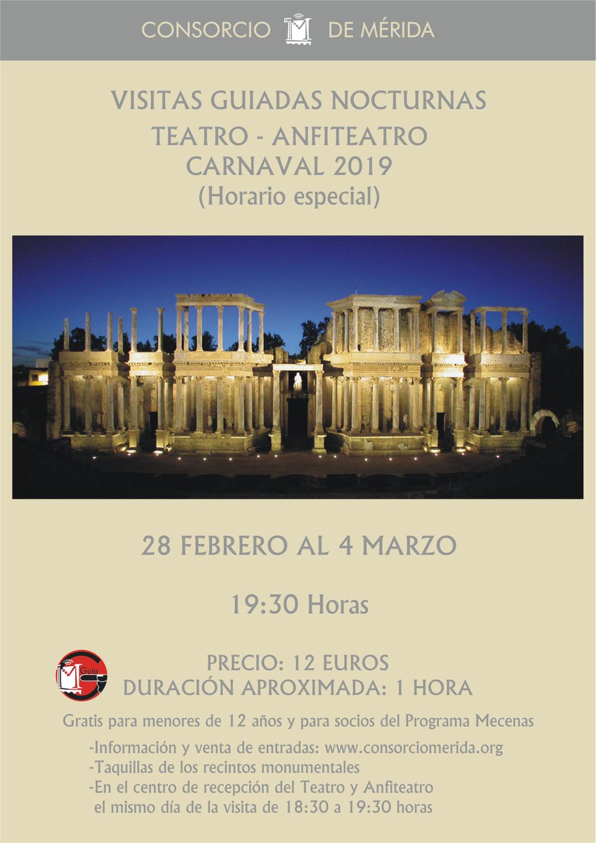 Mérida Consorcio de la Ciudad Monumental (@meridaciudad) on Twitter photo Para las próximas fiestas de Carnaval, estos serán los horarios de las visitas guiadas al Teatro y al Anfiteatro Romano. Para las próximas fiestas de Carnaval, estos serán los horarios de las visitas guiadas al Teatro y al Anfiteatro Romano.