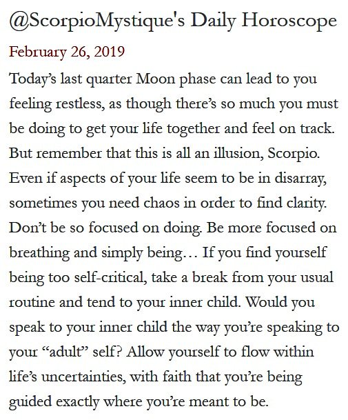 ScorpioMystique's tweet photo. #SMscope 2.26.19 ♏️❤️✨ #Scorpio #Horoscope #Astrology 🦂 #TeamScorpio https://t.co/mXeVj7FnwK