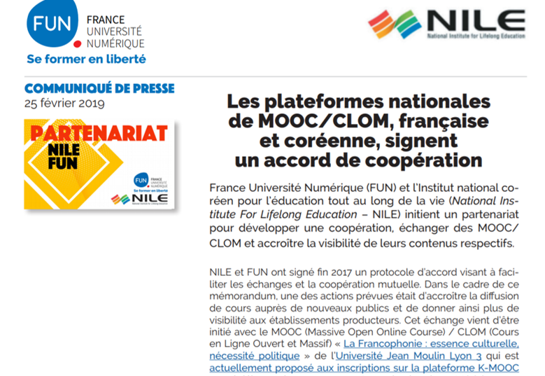 Mooc_info's tweet photo. France Université Numérique signe un accord de coopération avec la plateforme de #MOOC coréenne K-MOOC. @FunMooc https://t.co/MDrl3nsuJw https://t.co/KDgtVVqzBl