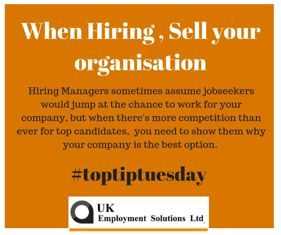 ukemploymentsol's tweet photo. #toptiptuesday

When you are recruiting for a position you have to remember your candidate is interviewing you as much as you are interviewing them. With top talent hard to come by, it is imperative that you sell your organisation to appeal to your candidates.
#RecruitmentAdvice https://t.co/eoLqJAjiTp