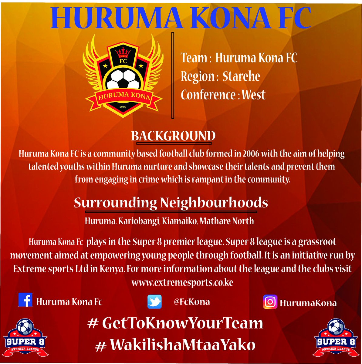 super8kenya's tweet photo. How well do you your team?
@FcKona is a professional football club that plays in the Super 8 Premier League
With the league kick off just around the corner, newly promoted @FcKona is ready to fight for the 2019 Super 8 Premier League title
#GetToKnowYourTeam
#WakilishaMtaaYako https://t.co/recKbSvs8s