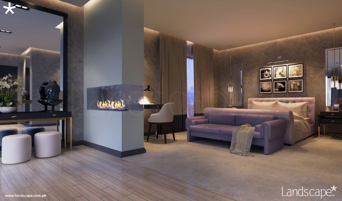 LandscapePLC's tweet photo. This residential master bedroom has been designed using straight lines. The colour palette has been kept warm with a hint of lavender. The mirrored bedside tables add to the sleekness of the design, while, the linear fireplace adds a spark of energy to the space.
#LandscapePLC https://t.co/K6wVxpeXTv
