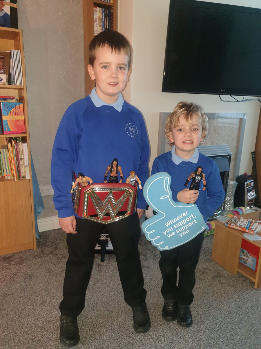 Mrs_G_Bowen's tweet photo. I have 2 very excited boys this morning, waking up in Manchester to hear that @WWERomanReigns is back. They have their SHIELD figures all set #ShieldReunion #WWERaw #RomanReigns #RomanEmpire https://t.co/ta8sLsSgcZ