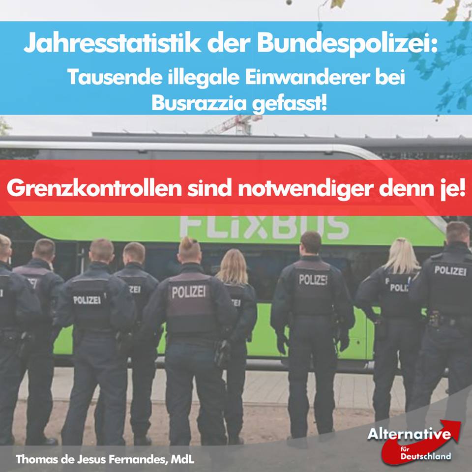 MdLFernandes's tweet photo. Atemberaubende #Polizei-#Statistik!
"Die #Bundespolizei hat 2018 erneut eine hohe Zahl an illegalen #Einwanderern in #Fernbussen aus dem #Ausland aufgegriffen."
Illegale #Einwanderung endlich stoppen!
#Grenzschutz jetzt!
Daher @AfD für #Deutschland!
https://t.co/Z87a6YwRho https://t.co/zIjJErSu34