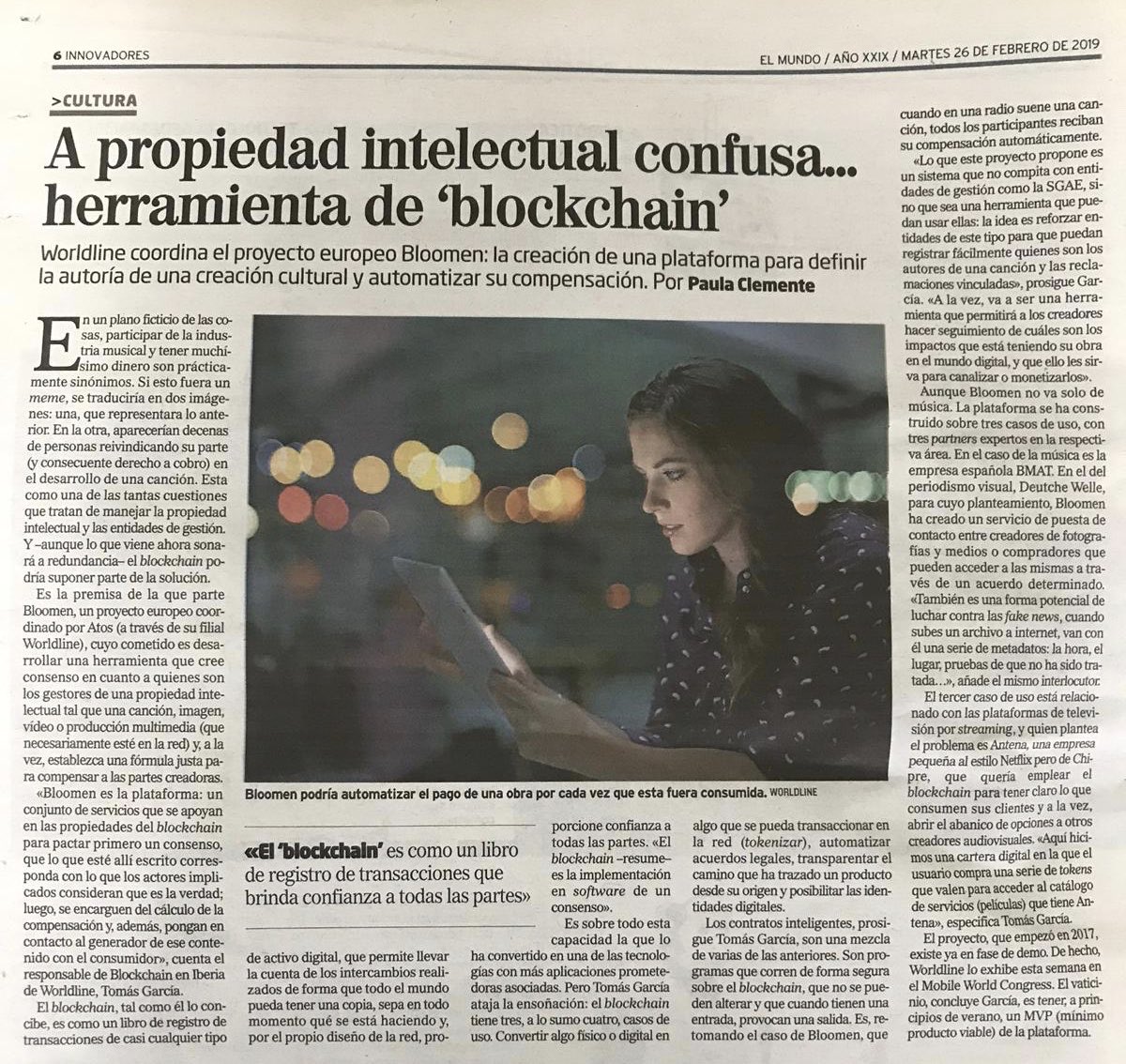 Jorge Salinas (@jsalinaswork) on Twitter photo #blockchain
Nuestro crack <a href="/tomasgarciaz/">Tomas Garcia Zaragoza</a> entrevistado por <a href="/elmundoes/">EL MUNDO</a> sobre los casos de uso de #blockchain, y en concreto la gestión de la propiedad de activos digitales.
Proyecto <a href="/bloomenio/">Bloomen</a> liderado por
<a href="/WorldlineES/">Worldline España</a>
<a href="/WorldlineGlobal/">Worldline</a>
Ven a #MWC19 2F60 para saber más! #blockchain
Nuestro crack <a href="/tomasgarciaz/">Tomas Garcia Zaragoza</a> entrevistado por <a href="/elmundoes/">EL MUNDO</a> sobre los casos de uso de #blockchain, y en concreto la gestión de la propiedad de activos digitales.
Proyecto <a href="/bloomenio/">Bloomen</a> liderado por
<a href="/WorldlineES/">Worldline España</a>
<a href="/WorldlineGlobal/">Worldline</a>
Ven a #MWC19 2F60 para saber más!