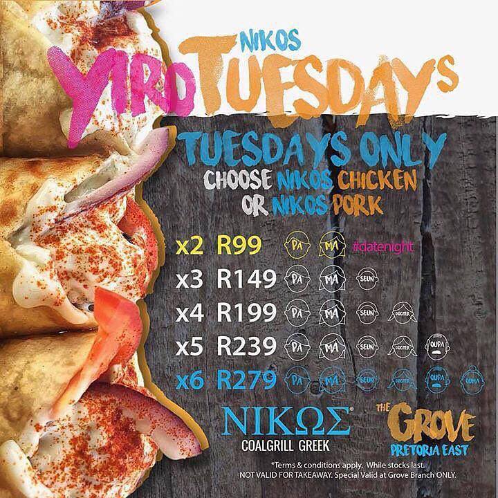 nikosgrove's tweet photo. It’s YIRO Tuesdays at Nikos Grove! 🙌🏼🌯 Buy two or more Nikos Chicken or Nikos Pork Yiros and save! Supper = sorted 😎🇬🇷 #nikos #nikosgrove #nikoscoalgrillgreek #pretoriaeast https://t.co/3jVku8He5X