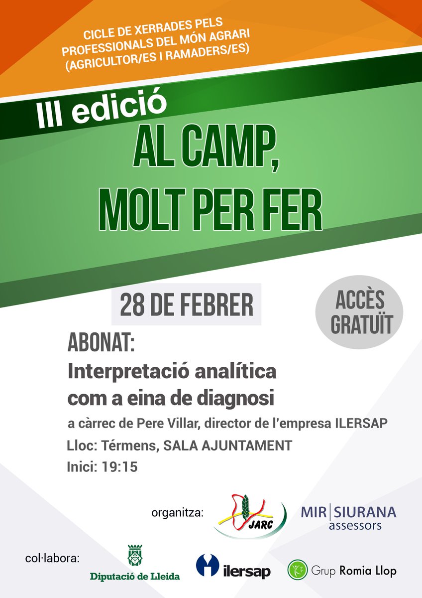 alexandremirsar's tweet photo. Dijous 28 arriba la cinquena jornada del cicle de xerrades 'Al camp, molt per fer', a #Térmens. Parlarem de l'#ABONAT com a eina analítica de diagnosi, amb Pere Villar, director de l'empresa #Ilersap 📣📣

@JARC_COAG @MiriSiurana @DiputacioLleida @GRUPROMIALLOP https://t.co/5y4bx1GCRL