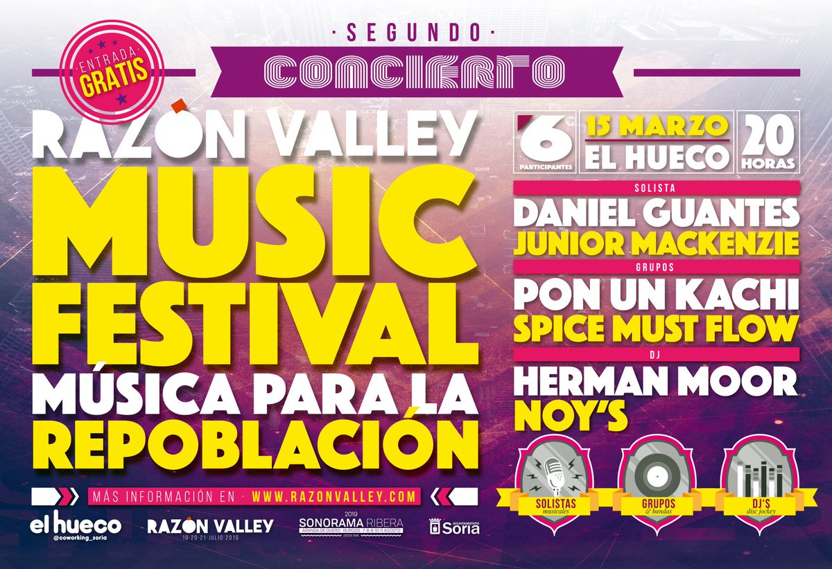 Anota en tu agenda el viernes 15 de marzo. Segundo concierto de #MúsicaParalarepoblación, con <a href="/DanielGuantes/">Guantes</a>, <a href="/juniormackenzie/">juniormackenzie</a>, Pon un Kachi, @spicemustfl0w, Herman Moor y <a href="/Dj_Noys/">Dj Noy's</a>. Desde las 20 horas, con entrada gratuita.