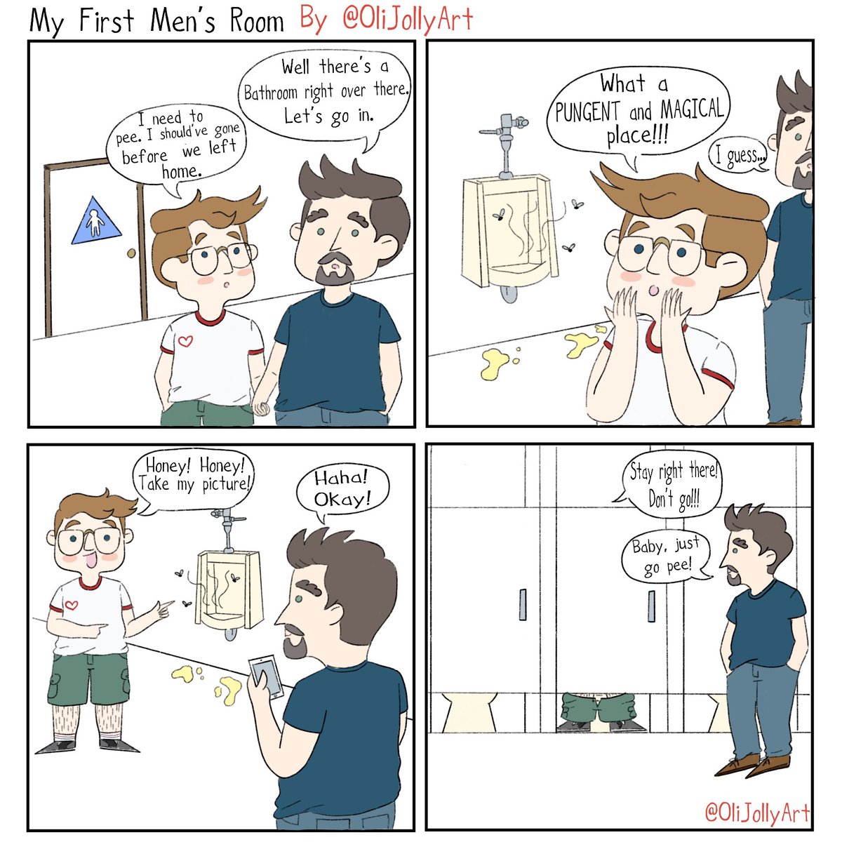 olijollyink's tweet photo. In honor of our second wedding anniversary here’s a silly (and totally true, proof included) comic about how my husband had my back when I was nervous about using my first men’s room 😂🚽❤️. Love you baby! You’re my favorite thing in the world.  #olijollyart #transtoons #transman https://t.co/6JDkXMtX8S