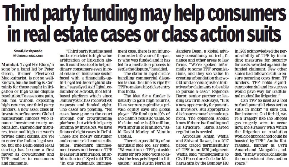 advok8_in's tweet photo. We got some more media coverage. TOI has covered us. Thank you everyone #litigationfunding #legalexpense #advok8 #TPF https://t.co/arfAiLimCx