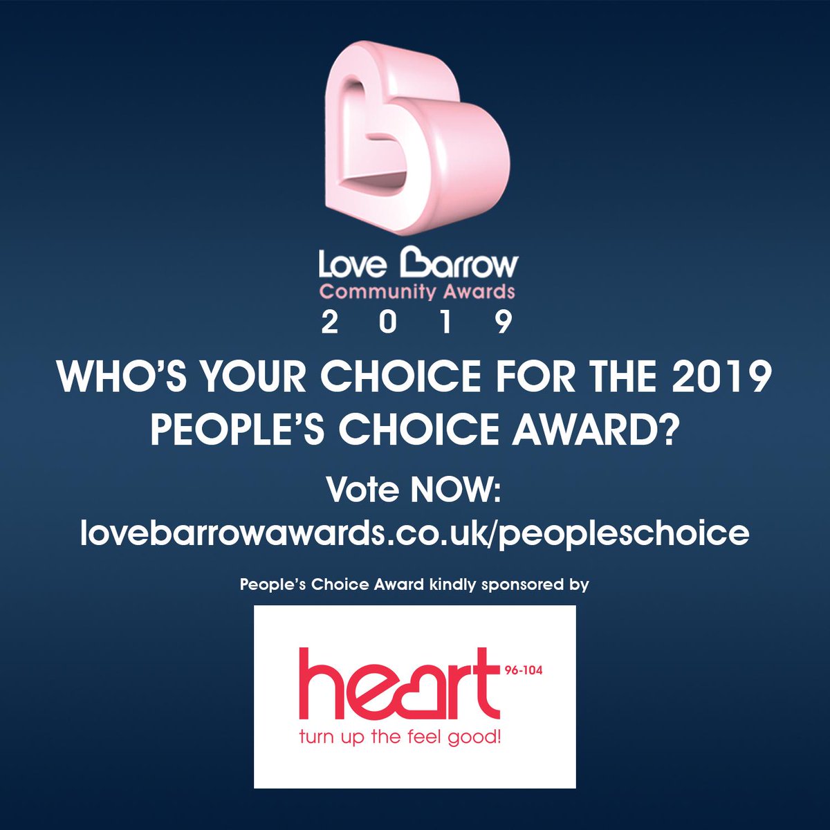 Love Barrow Awards (@lovebarrowaward) on Twitter photo Who's YOUR choice for the @Lovebarrowaward People's Choice Award? It's up to YOU - Vote by 6PM on Thursday 28th Feb - Visit: lovebarrowawards.co.uk/peoplechoice
Sponsored by <a href="/heartnlc/">Heart North Lancashire and Cumbria</a> Who's YOUR choice for the @Lovebarrowaward People's Choice Award? It's up to YOU - Vote by 6PM on Thursday 28th Feb - Visit: lovebarrowawards.co.uk/peoplechoice
Sponsored by <a href="/heartnlc/">Heart North Lancashire and Cumbria</a>