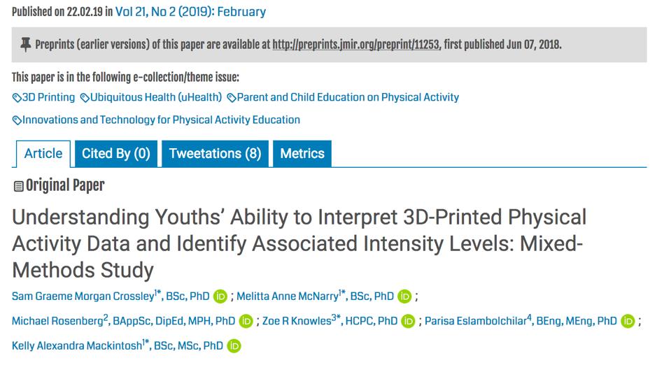 GAMONetwork's tweet photo. New publication: Young people find it hard to interpret &amp; apply physical activity guidelines. How might tangible, personalised feedback about activity levels, enabled by 3D printing, address this? https://t.co/IKvkrnvIBB #PhysicalActivity @sciencepe @MMcNarry @Kel_Mackintosh https://t.co/ra4cv4Jua9