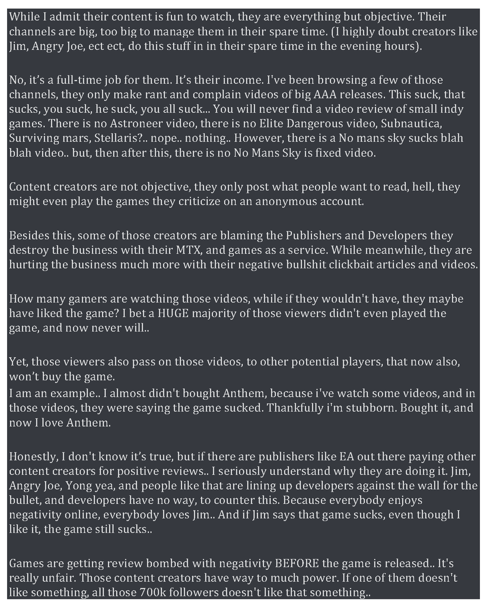 ABurghouts's tweet image. My thoughts. I took Anthem as an example, but this goes for Fallout76 and for many other games. 
Im guilty, I love Jim's rants, I love Joe's rage, and i've spread those videos by the dozens. But Anthem opened my eyes. 

#gamedev #ContentCreator #Twitter #Youtube #gamedevelopment