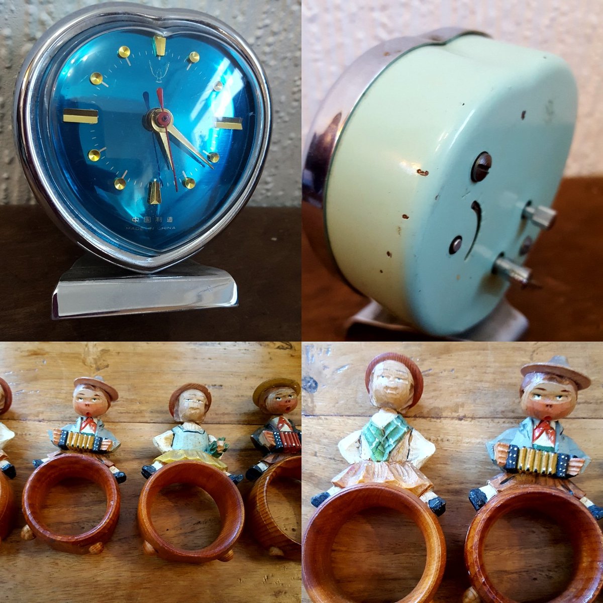 Vintage retro heart Tin plate clock, all working £12 postage £3.95 , vintage black forest napkin rings, bobble head kids, hand carved wood £20 postage £3.95 xxx #vintage #vintageclock #tinplate #campervan #heart #blackforest #handcarved #carvedwood #vintagenapkinrings #retro xxx