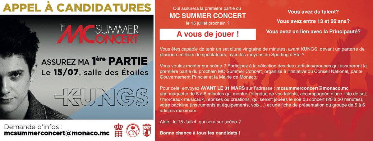 ConseilNatMC's tweet photo. [#MCSummerConcert]
1ère partie du Concert de @KungsMusic : à vous de jouer !
 
Vous êtes un artiste/groupe local, âgé(s) entre 13 &amp; 26 ans ? 
Déposez votre maquette (⚠️ avant le 31 mars) pour vous produire, le 15 juillet prochain, au Sporting d'Eté.

▶️ https://t.co/wO2X89EcTD https://t.co/88IKZuEhPK