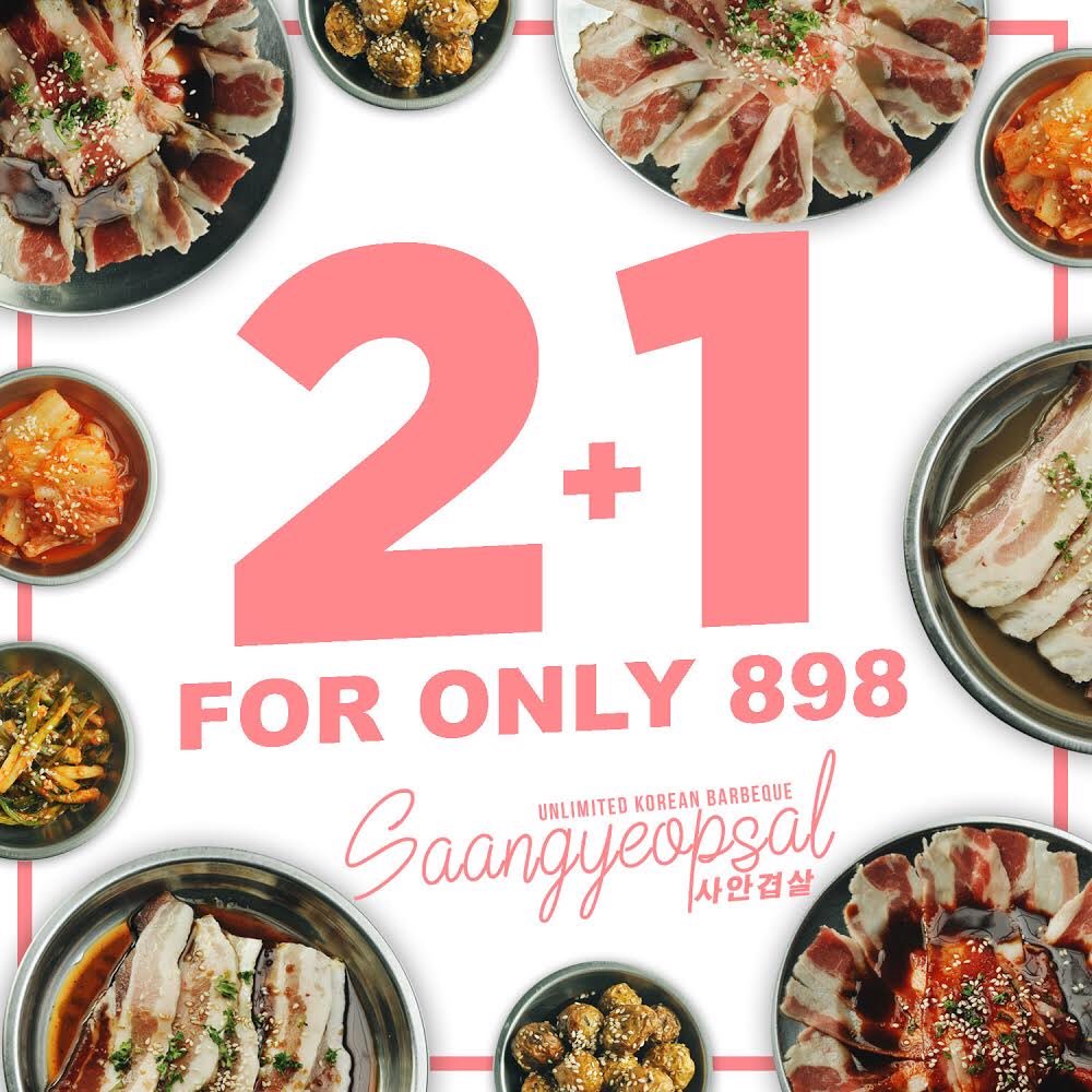 SAANgyeopsal's tweet photo. 2 IS BETTER IF MAY PLUS 1!

Enjoy our 2 + 1 PROMO for Unlimited Pork and Beef EVERY MONDAY TO THURSDAY!

Pay for only PHP 898 pesos and enjoy our unlimited Pork and Beef good for 3 PERSONS. https://t.co/BrH6tFR5xj