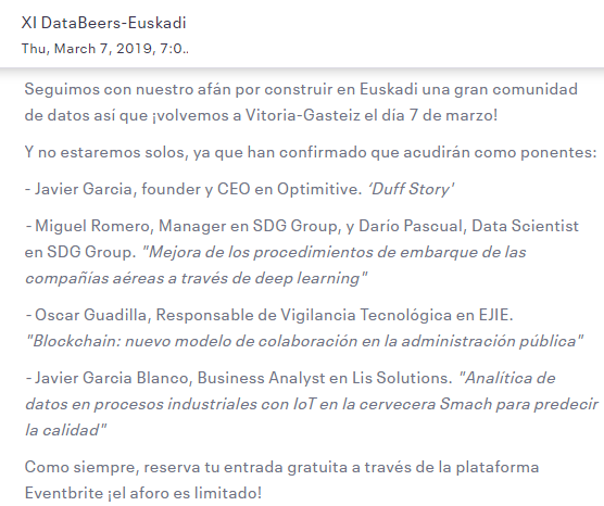 Oscar_Ray's tweet photo. El jueves 7 de marzo vuelve @databeersEUS a #VitoriaGasteiz!!!

Charlas, datos y unas @Keler bien frías en el Centro Municipal de Empresas del Casco Medieval de @vitoriagasteiz gracias al apoyo de @vg_emprender 

Reserva tu entrada para #DataBeersEus 👇

https://t.co/pzSwtFGV3W https://t.co/m8Sfodw6ec
