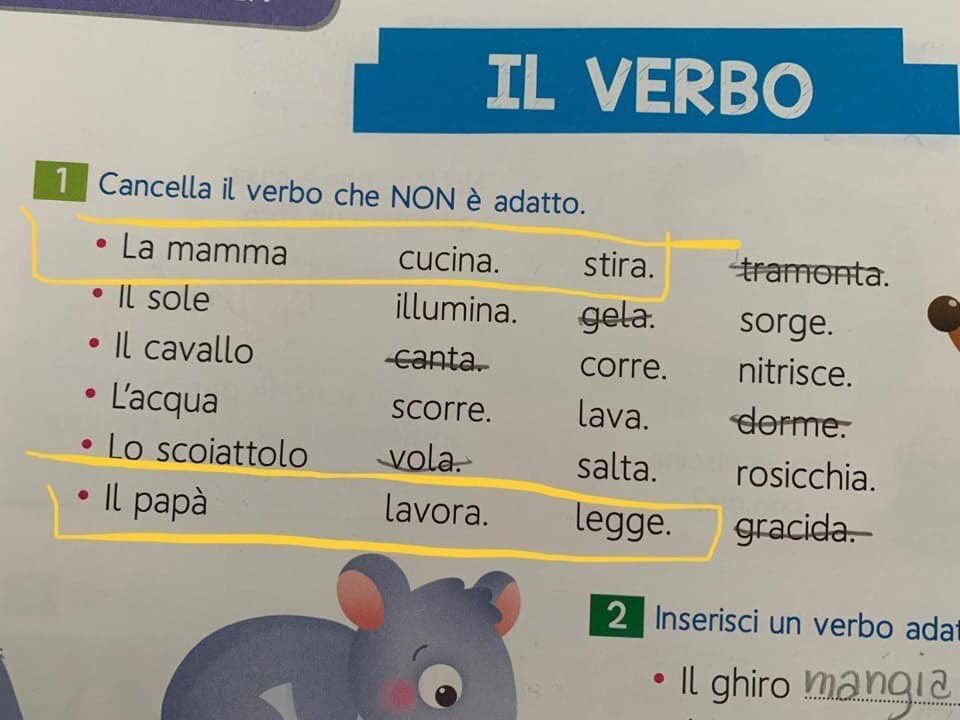 Sui libri di testo di seconda elementare le mamme cucinano e stirano mentre i papà lavorano e leggono. Verso #8M2019 autocorreggiamo in classe i nostri libri, basta ruoli di genere imposti anche negli esercizi di grammatica. Verso  #1000motivi #noiscioperiamo #8M2019
