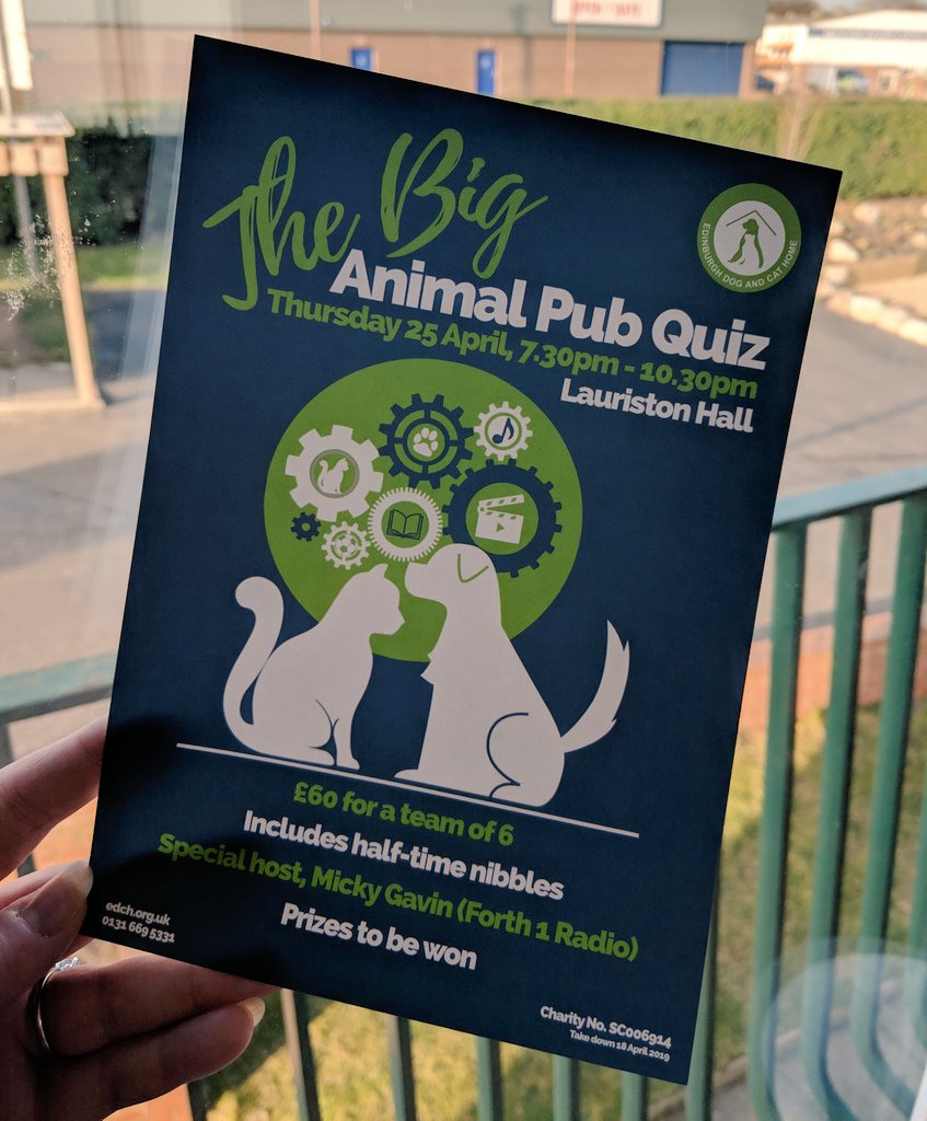 .@EdinDogCatHome's Big Animal Pub Quiz is back! Thurs 25 April at Lauriston Hall 🐾💡🎭🏆 Book your team of 6 before 28 Feb and you'll get 15% off! edch.org.uk/event/big-anim… #pubquiz #edinburghevents #TeamEDCH