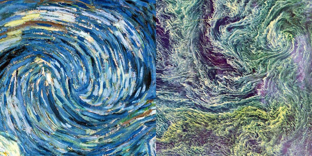 brionesci's tweet photo. ‘#Life imitates #art far more than art imitates Life’ (Oscar Wilde)

Left: ‘The Starry Night’ (fragment), painted by Vincent van Gogh in 1889.

Right (via @NASAEarth): Phytoplankton bloom in the Baltic Sea, photographed by @NASA #Landsat in 2019. https://t.co/jeWOsXDYjD