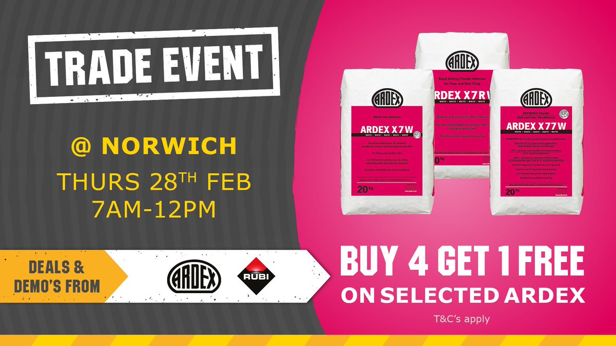 CTDTrade's tweet photo. #TRADE EVENT at CTD #NORWICH on Thurs 28th Feb!
Join us in-store 7AM-12PM for:
✅ Buy 4 Get 1 FREE on selected @ARDEXUKTiling
✅ FREE large mixing bucket with selected ARDEX purchases
✅ 10% OFF @Rubi_UK_IRE + FREE goodie bags! https://t.co/NEfPbaQkEF