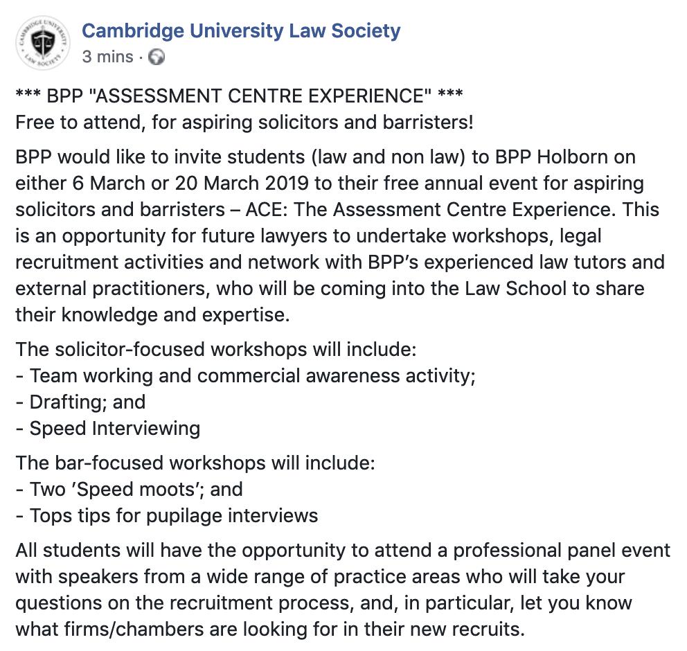 Cambridge University Law Society (@camlawsoc) on Twitter photo *** <a href="/BPPLawSchool/">happy bpp students</a> ASSESSMENT CENTRE EXPERIENCE (London) ***
Open to all aspiring solicitors and barristers!
REGISTER:
- March 6: ace-holborn.eventbrite.co.uk
- March 20: ace-london1.eventbrite.co.uk *** <a href="/BPPLawSchool/">happy bpp students</a> ASSESSMENT CENTRE EXPERIENCE (London) ***
Open to all aspiring solicitors and barristers!
REGISTER:
- March 6: ace-holborn.eventbrite.co.uk
- March 20: ace-london1.eventbrite.co.uk
