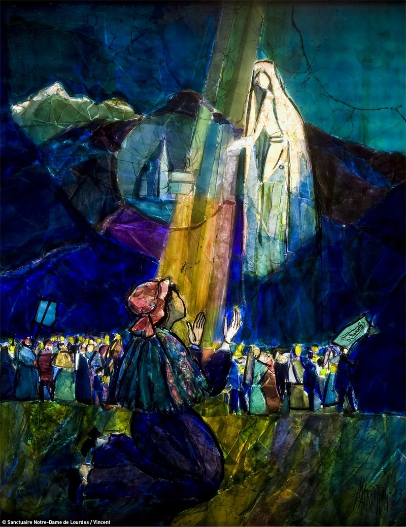 Bernadette2019's tweet photo. J'accomplie de nouveau ces gestes que la Dame m'a demandé : embrasser le sol, boire et se laver dans la source. Mais cette fois, la Dame me confie une mission : « Allez dire aux prêtres que l'on construise ici une chapelle et que l'on y vienne en procession ». #13Apparition https://t.co/IGXAGYlj11