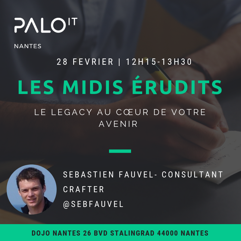 PALO_IT_Nantes's tweet photo. Les #MidisErudits ça se passe chez @PALO_IT_Nantes au @DojoNantes jeudi 28/02/2019 à 12H15 ! @sebfauvel présentera "Le Legacy au cœur de votre avenir" Repartez avec les réponse à vos questions !
#DSI #stratégie #tdd
Inscrivez-vous sur https://t.co/C8jLDBoJfg https://t.co/GLMkMN7Olj