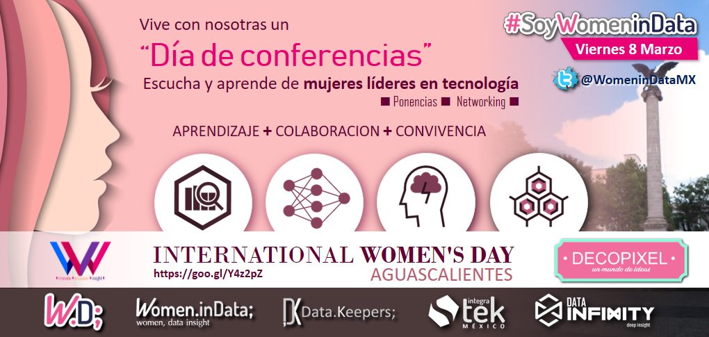 WomeninDataMX's tweet photo. Women.inData;#Aguascalientes te invita a vivir un día de conferencias, aprendiendo de mujeres líderes en TI

1. Computación Evolutiva
2. Estados eólicos como componentes gaussianos
3. Cubo de datos geoespaciales

Registro: https://t.co/KzYPB71Pxb

#SoyWomeninData
#WLAB
#Decopixel https://t.co/fqGMoUxM6U