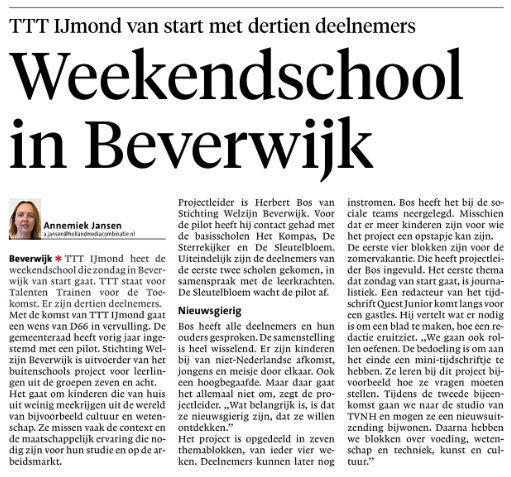WelzijnSWB's tweet photo. Mooi stuk op de voorpagina van @DagbladKEN van journalist @Jowijansen over de TTT Weekendschool die van start gaat en uitgevoerd wordt door @WelzijnSWB . Herbert Bos is projectleider van dit buitenschools project #Beverwijk @gem_Beverwijk https://t.co/aRk0pDrC50